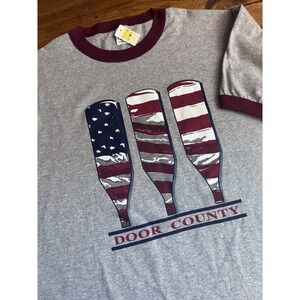 Vtg Door County, WI Ringer T Shirt Adult‎ Large Red White Blue Wine Bottles NEW